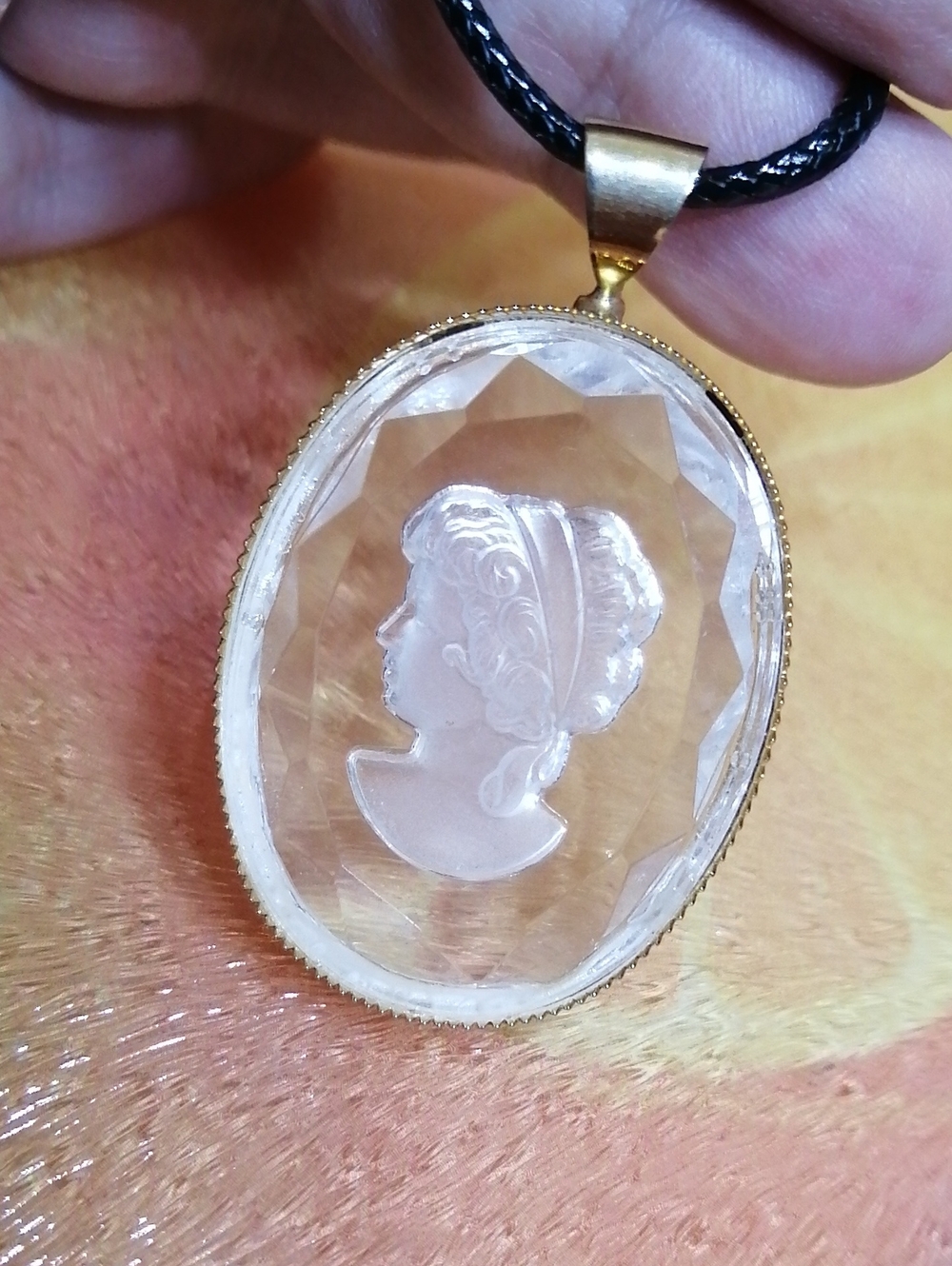 Victorian Revival Mid Century Clear Lucite Intaglio Cameo Pendant Necklace